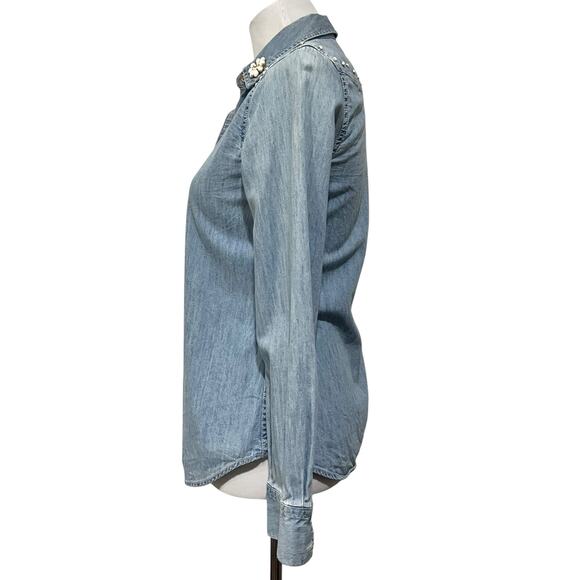 Draper James Women's Embellished Denim Top Pearl Snaps Blue 100% Cotton Size 2 - Picture 5 of 10